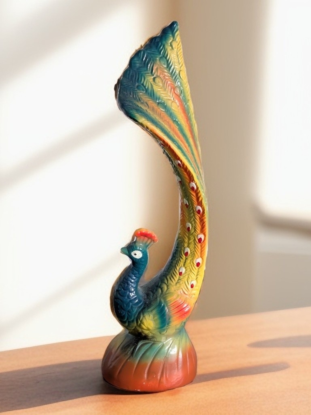 Vintage Retro Peacock Ceramic Figurine Teal Orange Yellow 14" H MCM Figure Decor